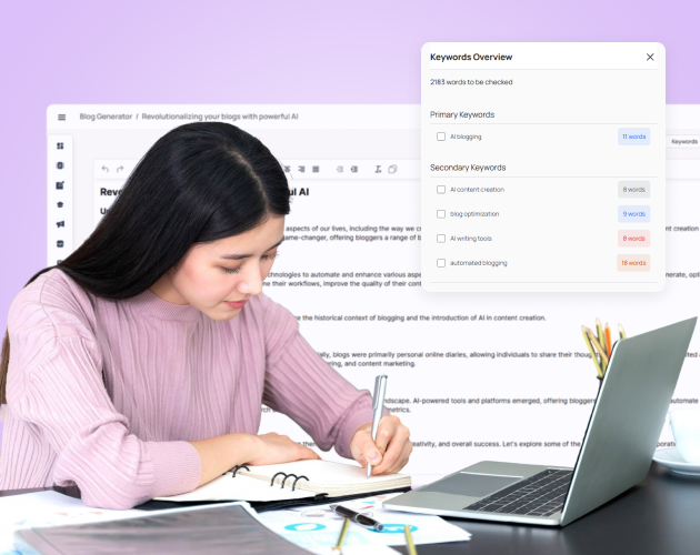 Genius Write's content editor showing AI-generated blog post with SEO recommendations