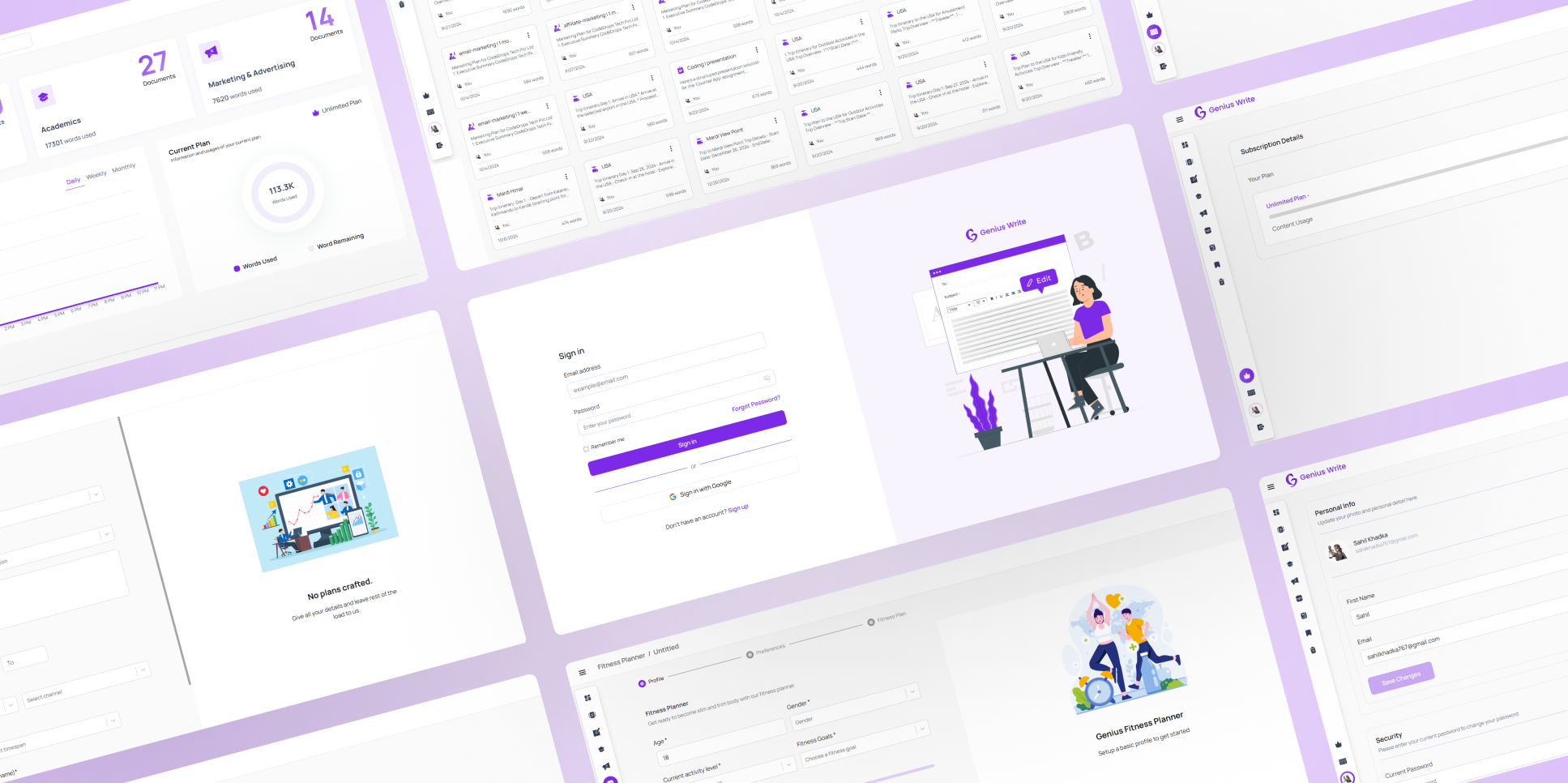 Genius Write dashboard showing AI content generation and competitor analysis features